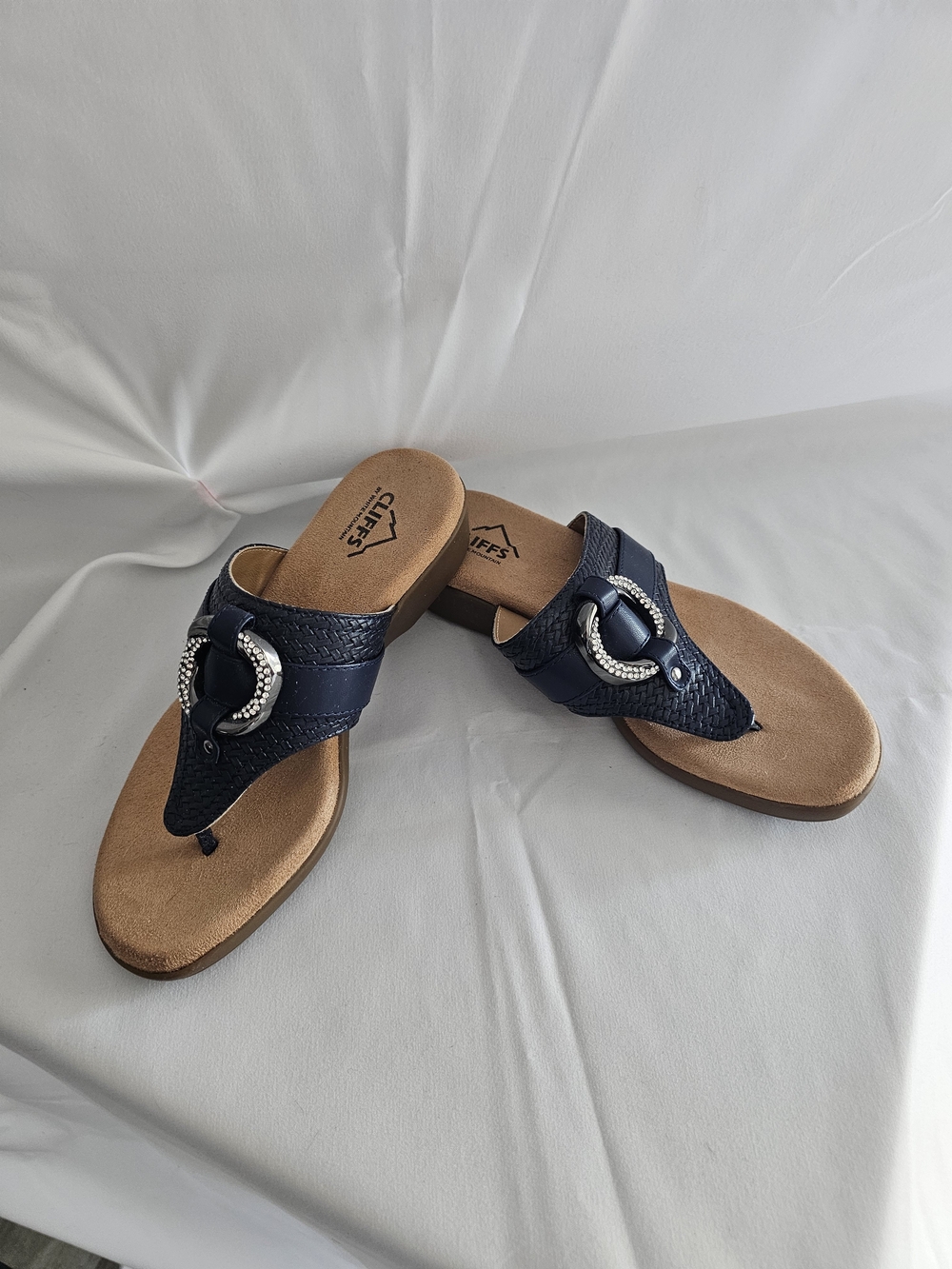 Navy Rhinestone Ring Thong Cliffs Sandals for Women